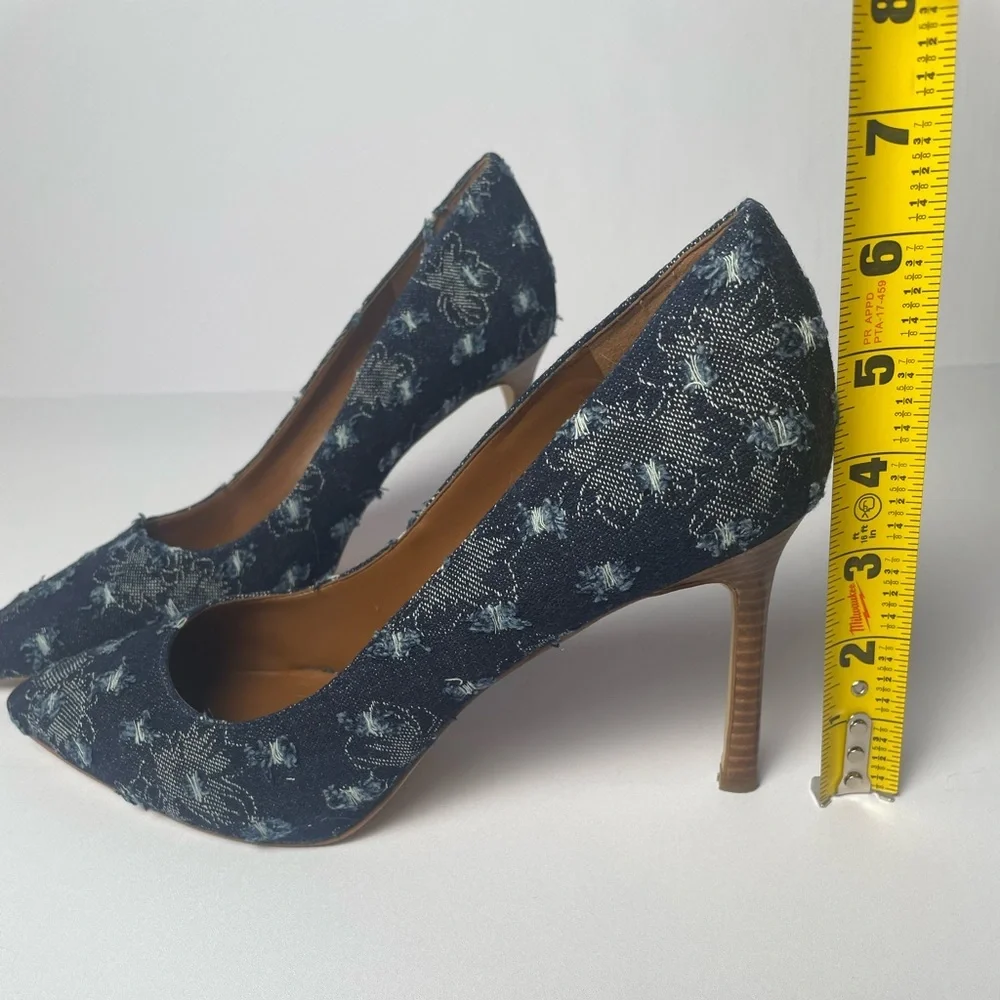 Nine West Tatiana Pointy Toe Pumps Distressed Denim Floral Embroidered Heels 10